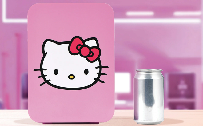 Hello Kitty 6 Can Mini Fridge on a Table Hello Kitty 6 Can Mini Fridge on a Table