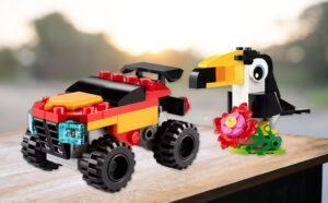 LEGO Toucan and Monster Truck on a Table