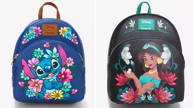 Loungefly Disney Stitch Flowers Mini Backpack and Aladdin Jasmine Floral Mini Backpack Loungefly Disney Stitch Flowers Mini Backpack and Aladdin Jasmine Floral Mini Backpack