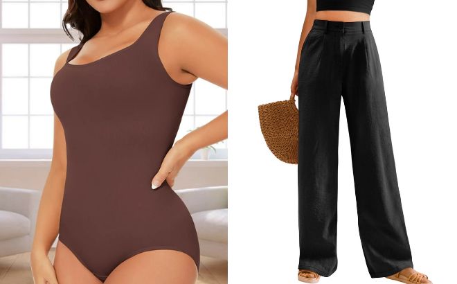 Manifique 3 Packs Shapewear Bodysuit and Airmenty Womens Casual Wide Leg Pants