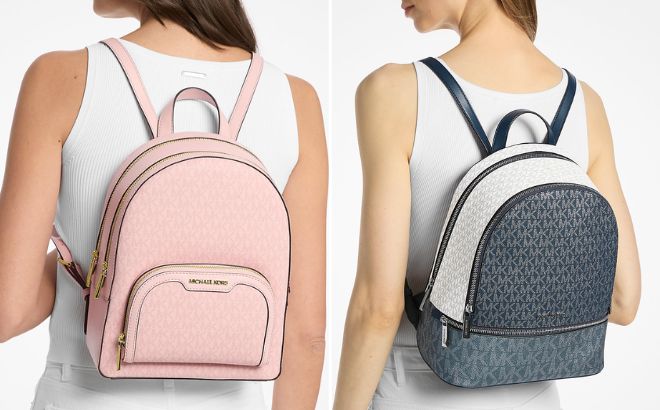 Michael Kors Outlet Jaycee Medium Signature Logo Backpack and Rhea Medium Metallic Signature Logo Backpack