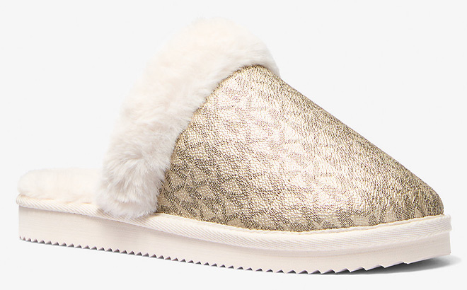 Michael Kors Outlet Liddy Signature Logo and Faux Fur Slipper in Pale Gold Color
