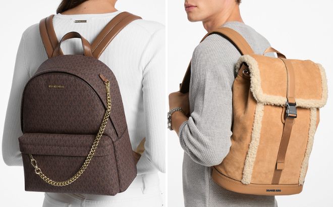 Michael Kors Outlet Slater Medium Signature Logo Backpack and Cooper Suede and Sherpa Backpack Michael Kors Outlet Slater Medium Signature Logo Backpack and Cooper Suede and Sherpa Backpack