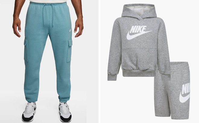 Nike Mens Sportswear Club Fleece Joggers and Kids Club Hoodie Shorts Set Nike Mens Sportswear Club Fleece Joggers and Kids Club Hoodie Shorts Set