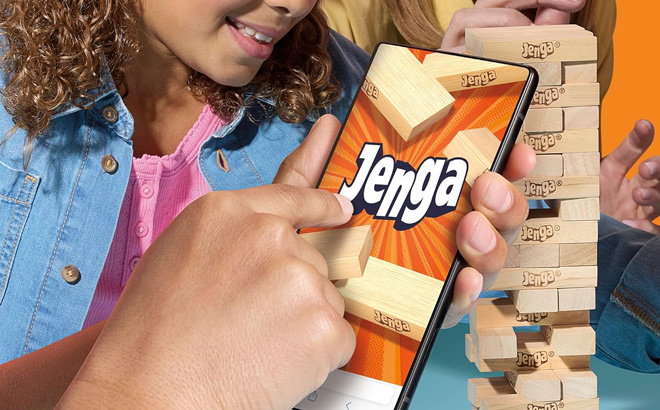 People Playing Hasbro Jenga Game with a Digital Die People Playing Hasbro Jenga Game with a Digital Die