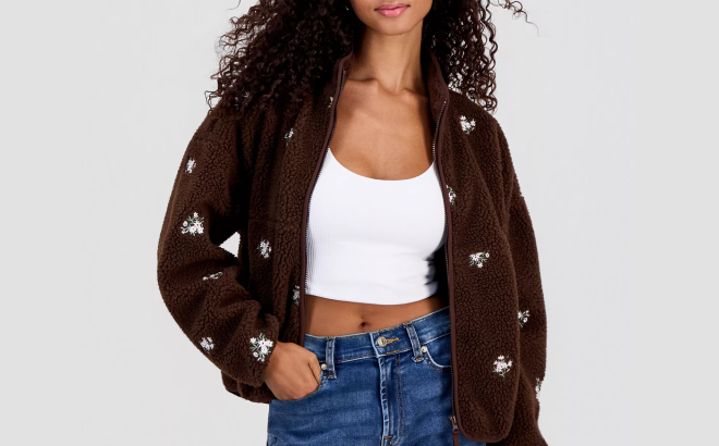 Planet Gold Floral Embroidered Zip Front Fleece Jacket Planet Gold Floral Embroidered Zip Front Fleece Jacket