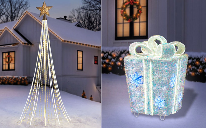 Pre Lit Shooting Star Tree and Iridescent Twinkle Tinsel Gift Box Decor Pre Lit Shooting Star Tree and Iridescent Twinkle Tinsel Gift Box Decor