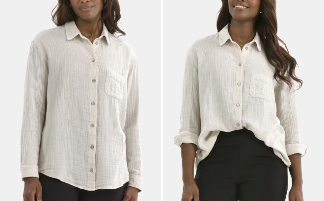 Time and Tru Womens Double Cloth Cotton Shirt with Long Sleeves