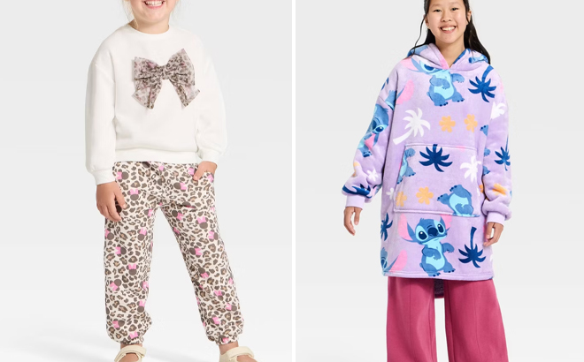 Toddler Girls 2pc Disney Minnie Mouse Cozy Fleece Animal Prints Sweatshirt with Tulle Bow and Pants Set and Girls Stitch Palm Trees Oversized Plush Hooded Sweatshirt