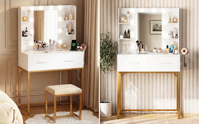 Vanity Desk with Mirror Power Outlet and LED Lights