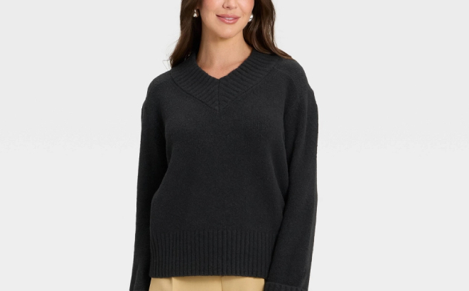 A New Day Womens Long Sleeve V Neck Cozy Knit Boxy Pullover Sweater