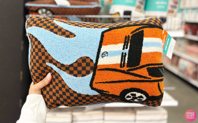 A Person Holding Pillowfort Hot Wheels Retro Car Throw Pillow