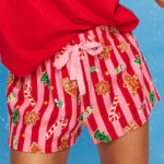 A Person Wearing Old Navy Flannel Boxer Pajama Shorts in Holiday Stripes Style