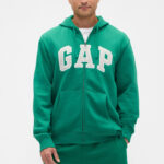 A Person Wearing Relaxed Gap Logo Zip Hoodie
