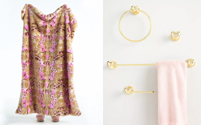 Anthropologie Cordelia Jacquard Floral Throw Blanket and Amor Heart Towel Bar