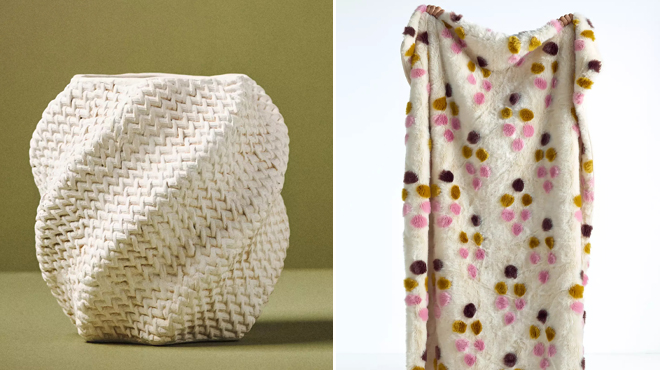 Anthropologie Lennon Twist Textured Cement Pot and Anthropologie Dottie Jacquard Patterned Faux Fur Throw Blanket