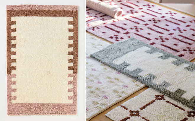 Anthropologie Tufted Wool Shag Color Blocked Border Rug