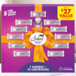 BIC Soleil Click 5 Womens Razors with Handle and 10 Cartridges Gift Set on a Table