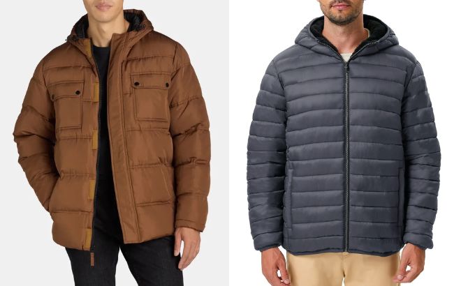 Big Chill Mens Quilted Puffer Coat with Hood and Hawke Co Mens High Pile Fleece Lined Puffer Jacket