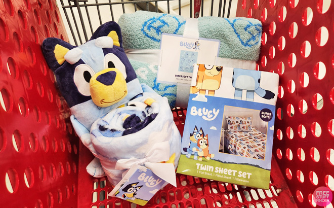 Bluey Pillow and Throw Blanket on a Cart