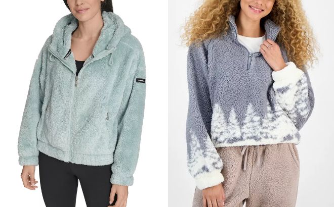 Calvin Klein Womens Performance Oversized Hooded Sherpa Jacket and Hippie Rose Juniors Quarter Zip Sherpa Jacket
