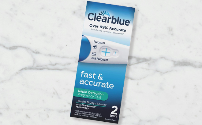 Clearblue Rapid Detection Pregnancy Test 2 Count Box on a Table Clearblue Rapid Detection Pregnancy Test 2 Count Box on a Table