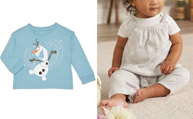 Disney Frozen Toddlers Olaf Holiday Graphic Tee and Gerber Baby Girl Long Leg Romper