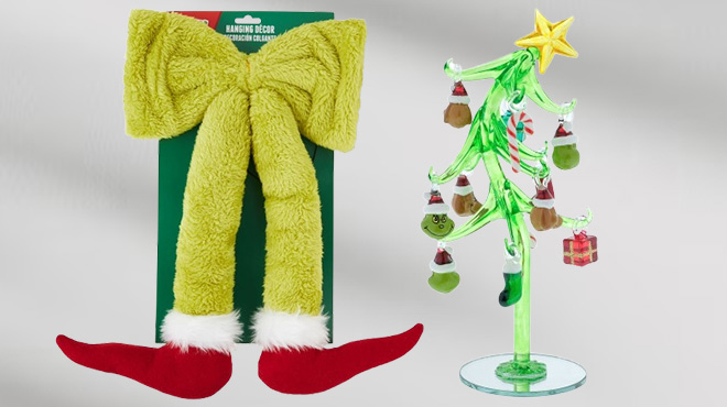 Dr Seuss How the Grinch Stole Christmas Hanging Green Bow Grinch Legs and Glass Table Top Tree