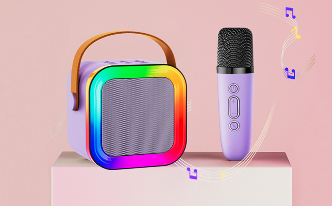 Feix G Mini Karaoke Machine Speaker and Microphone on a Product Stand