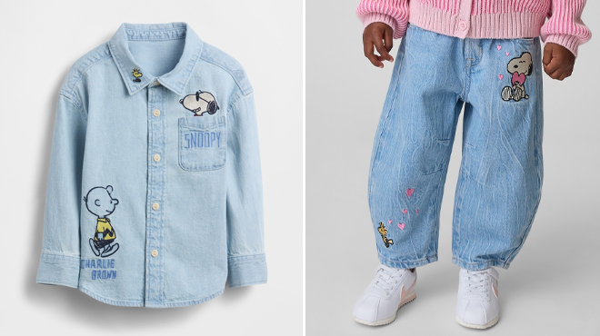 GAP Baby Toddler Peanuts Denim Big Shirt and GAP Baby Toddler Snoopy Pull On Horseshoe Jeans