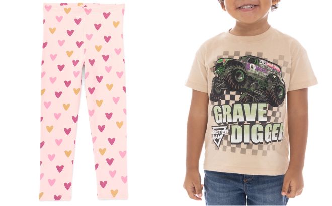 Garanimals Toddler Girl Basic Printed Jersey Leggings and Monster Jam Toddlers Grave Digger Cotton Graphic Tee