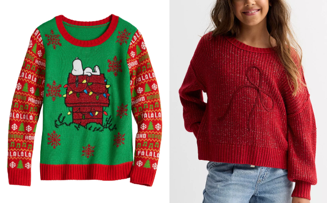 Girls Snoopy Doghouse Holiday Graphic Sweater and SO Girls Metallic Knit Sweater