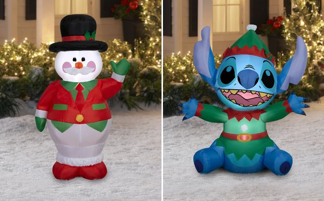 Holiday Time 4 ft Vintage Snowman Christmas Airblown Yard Inflatable and Lilo Stitch Christmas Air Blown Inflatable Stitch as Christmas Elf Disney