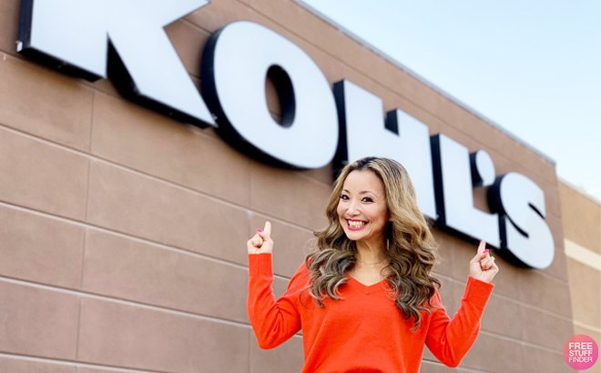 A Woman Standing in Front of a Kohl's Store Pointing at the Store Sign Behind Her