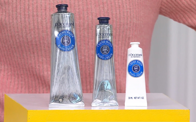 LOccitane Shea Hand Cream 3 Piece Collection on a Product Stand