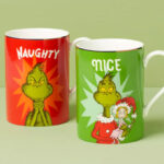 Lenox Grinchmas Naughty Nice Mug 2 Piece Set on the Green Table