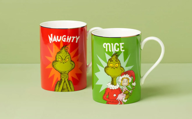 Lenox Grinchmas Naughty Nice Mug 2 Piece Set on the Green Table