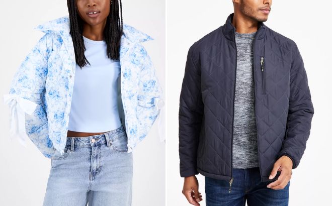 Madden Girl Juniors Printed Bow Trim Puffer Jacket and Hawke Co Mens Diamond Quilted Heritage Jacket