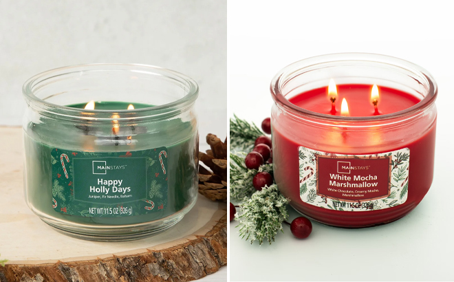 Mainstays 3 Wick Glass Jar Candle Happy Holly Days and Mainstays White Mocha Marshmellow Scented 3 Wick Glass Jar Candle Mainstays 3 Wick Glass Jar Candle Happy Holly Days and Mainstays White Mocha Marshmellow Scented 3 Wick Glass Jar Candle