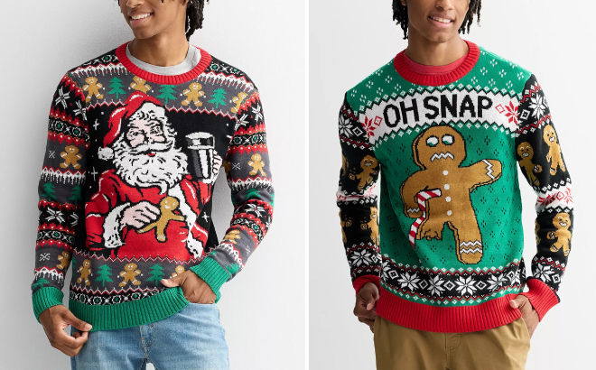 Mens Santa Clause with Cookies Christmas Sweaters and OH SNAP Gingerbread