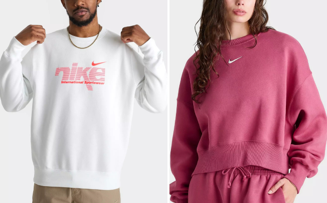 Nike Mens Sportswear Club International Crewneck Sweatshirt and Womens Nike Sportswear Phoenix Fleece Oversized Crewneck Sweatshirt Nike Mens Sportswear Club International Crewneck Sweatshirt and Womens Nike Sportswear Phoenix Fleece Oversized Crewneck Sweatshirt
