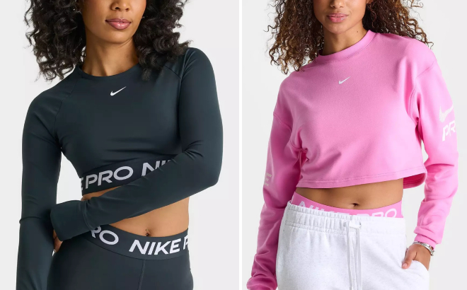 Nike Womens Pro 365 Dri FIT Cropped Long Sleeve T Shirt and French Terry Loose Crewneck Sweatshirt Nike Womens Pro 365 Dri FIT Cropped Long Sleeve T Shirt and French Terry Loose Crewneck Sweatshirt