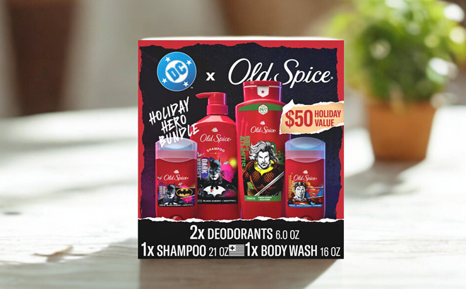 Old Spice Deodorant Body Wash Shampoo Holiday DC Batman Gift Set on a Table Old Spice Deodorant Body Wash Shampoo Holiday DC Batman Gift Set on a Table