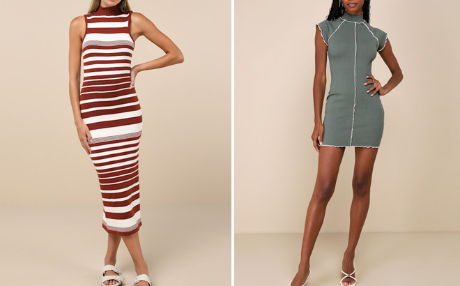 People Wearing Lulus Ivory Striped and Olive Green Mini Dresses