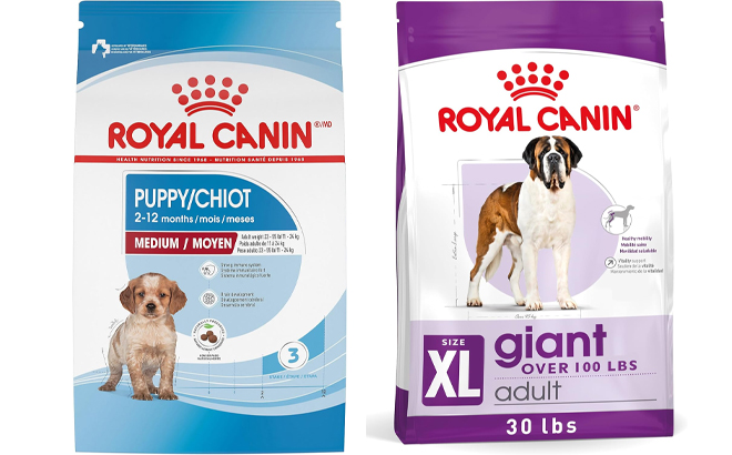Royal Canin Size Health Nutrition Medium Puppy Dry Dog Food 30 lb bag and Royal Canin Size Health Nutrition Giant Adult Dry Dog Food 30 lb Bag