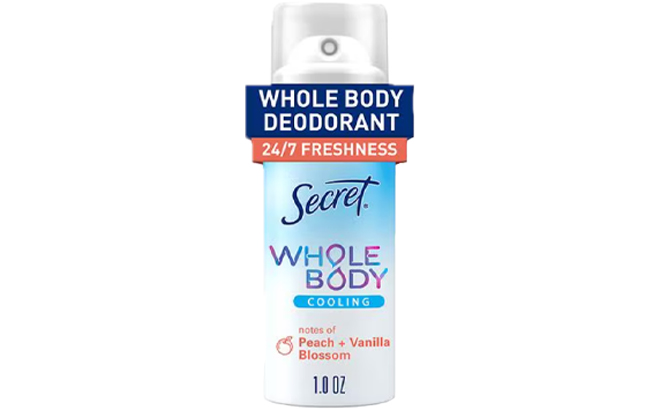Secret Whole Body Aluminum Free Cooling Deodorant Spray for Women in Peach Vanilla 1 0 oz Secret Whole Body Aluminum Free Cooling Deodorant Spray for Women in Peach Vanilla 1 0 oz