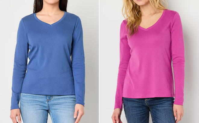 St Johns Bay Womens V Neck Long Sleeve T Shirt
