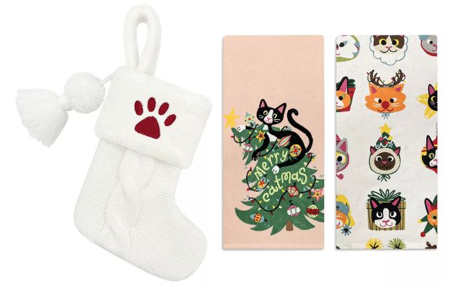 St Nicholas Square Knit and Faux Fur Mini Christmas Stocking and Merry Cats Kitchen Towel 2 Pack