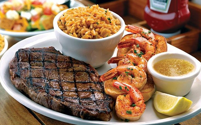 Steak Shrimp and Rice on a Plate