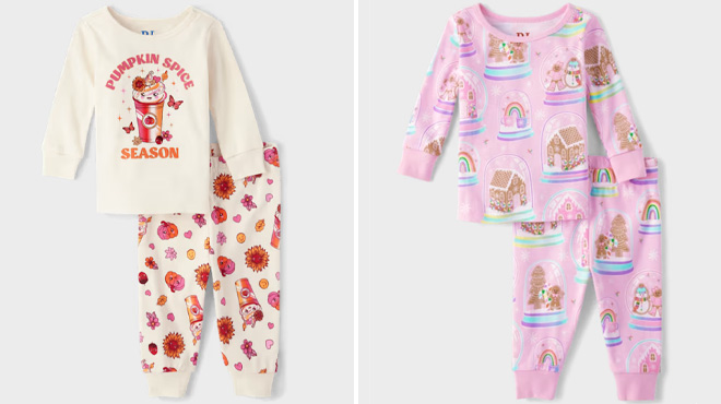 The Childrens Place Baby And Toddler Girls Pumpkin Spice Season Snug Fit Cotton Pajamas and Gingerbread Snow Globe Snug Fit Cotton Pajamas